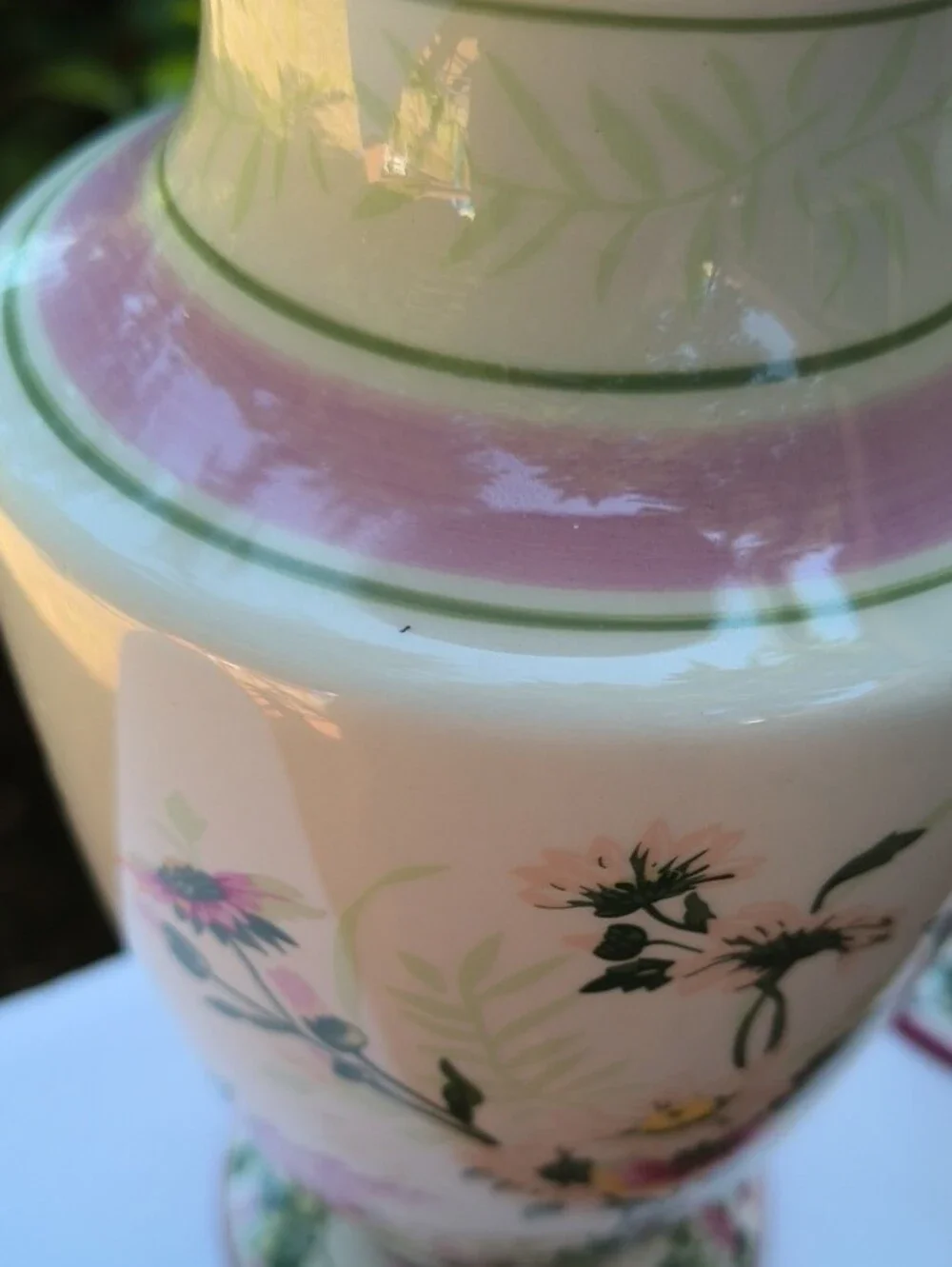 Laura Ashley Pink and White Floral Ceramic Vase Pair with Green Accents